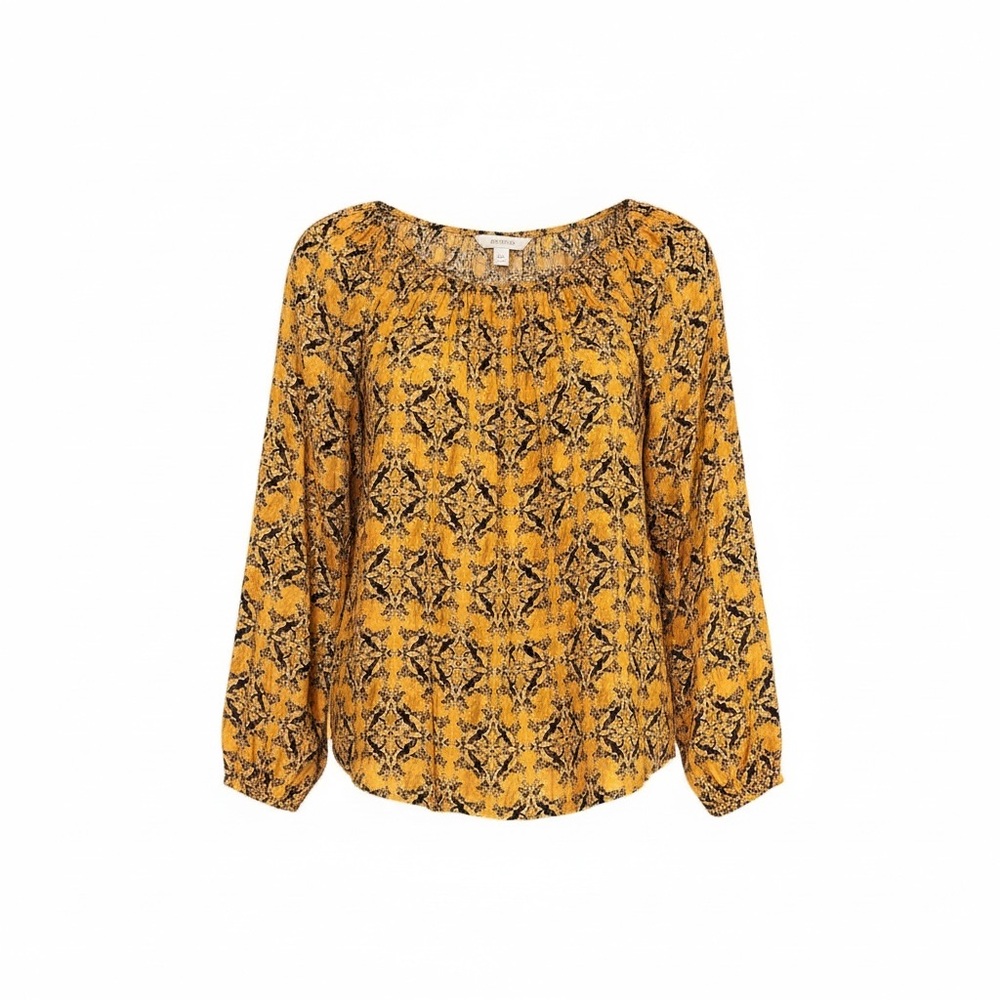 Sundance blouse women M silk orange black print long sleeve smocked neck